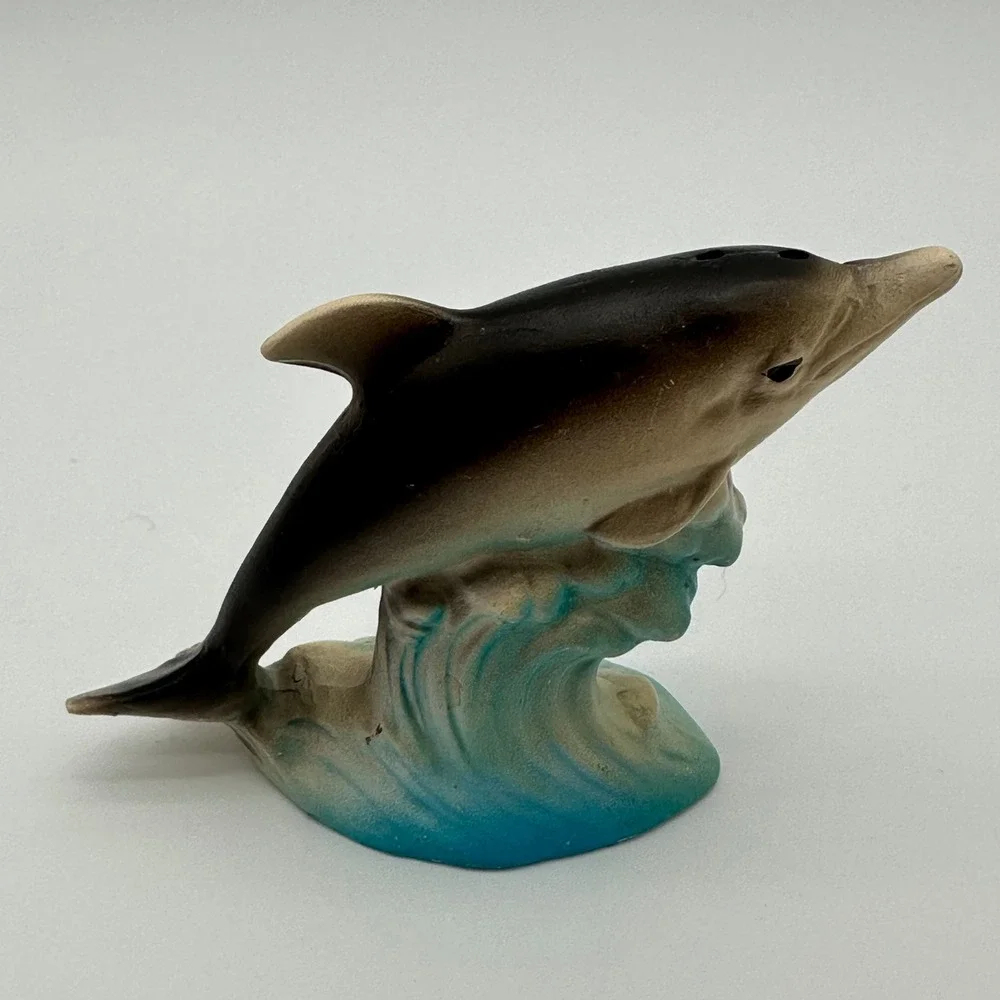 Vintage Dolphin Salt and Pepper Shakers Set Grey Blue Ocean Waves Decor
